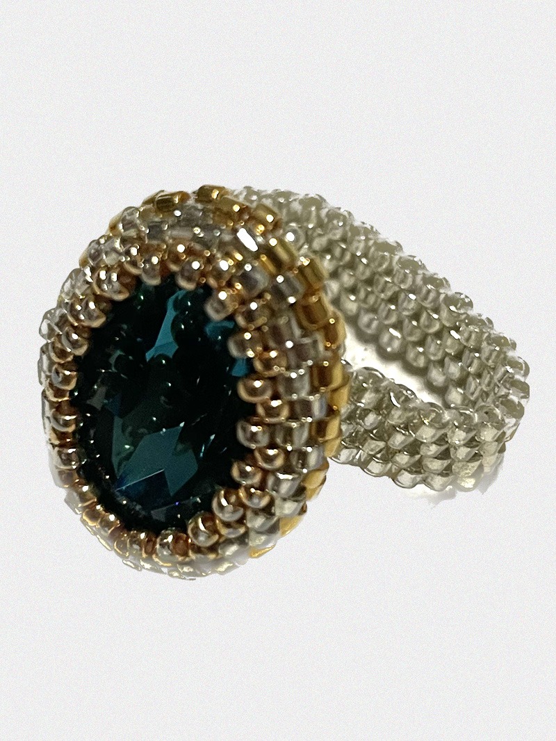 14k Gold &amp; Silver Crystal Beads Ring (Blue)