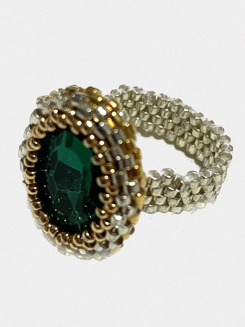 14k Gold &amp; Silver Crystal Beads Ring (Green)