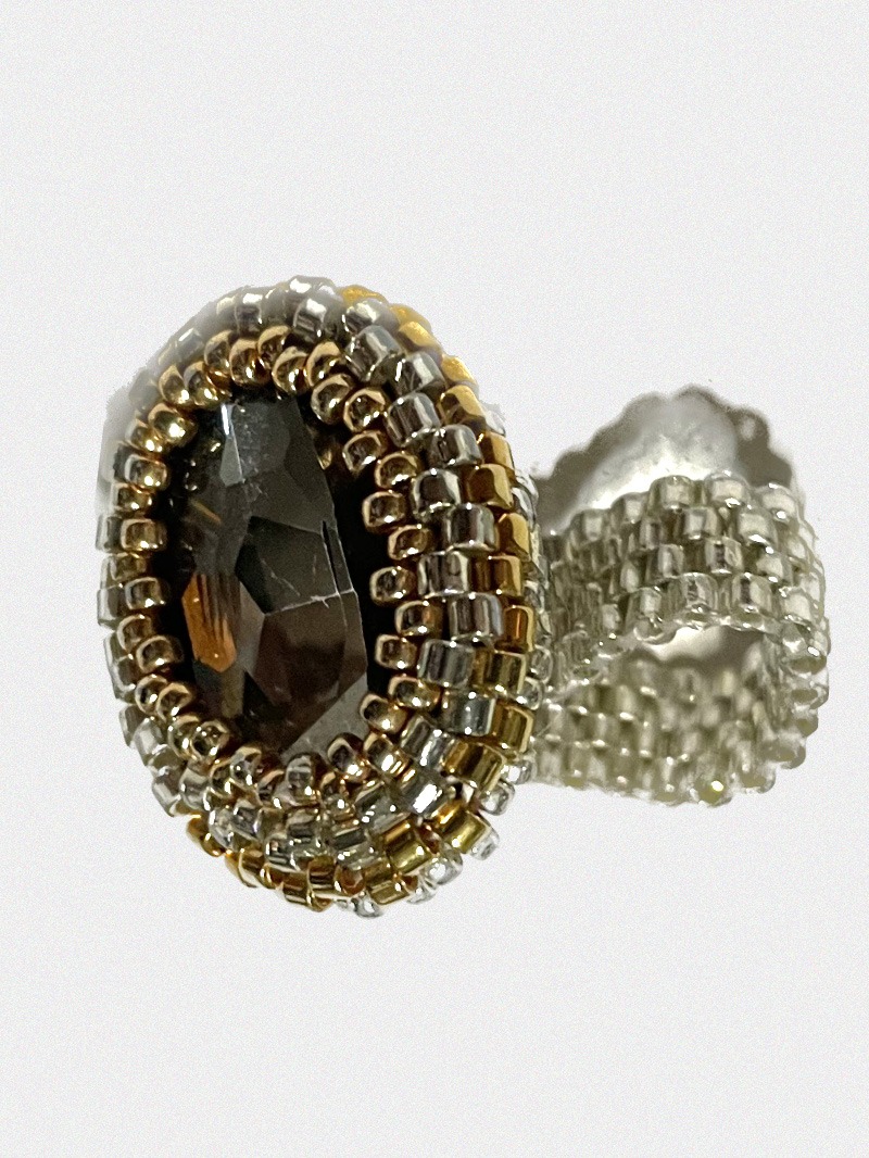 14k Gold &amp; Silver Crystal Beads Ring (Dark Gray)
