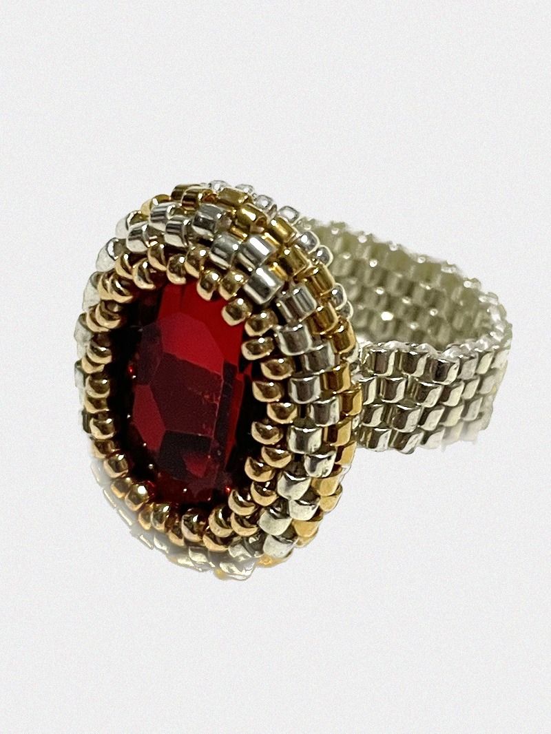 14k Gold &amp; Silver Crystal Beads Ring (Red)