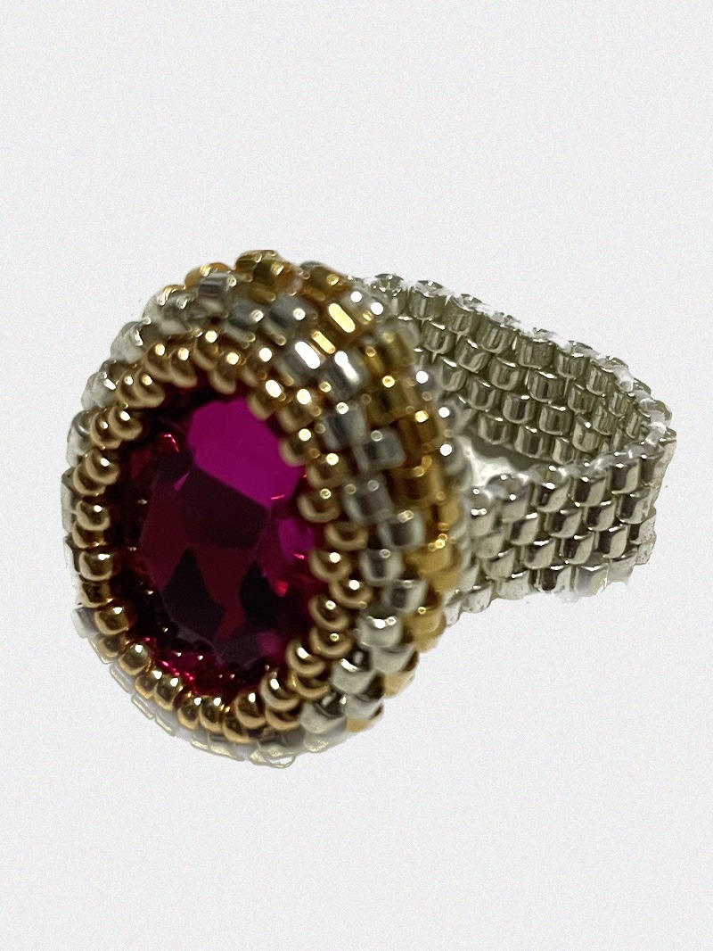 14k Gold &amp; Silver Crystal Beads Ring (Pink)